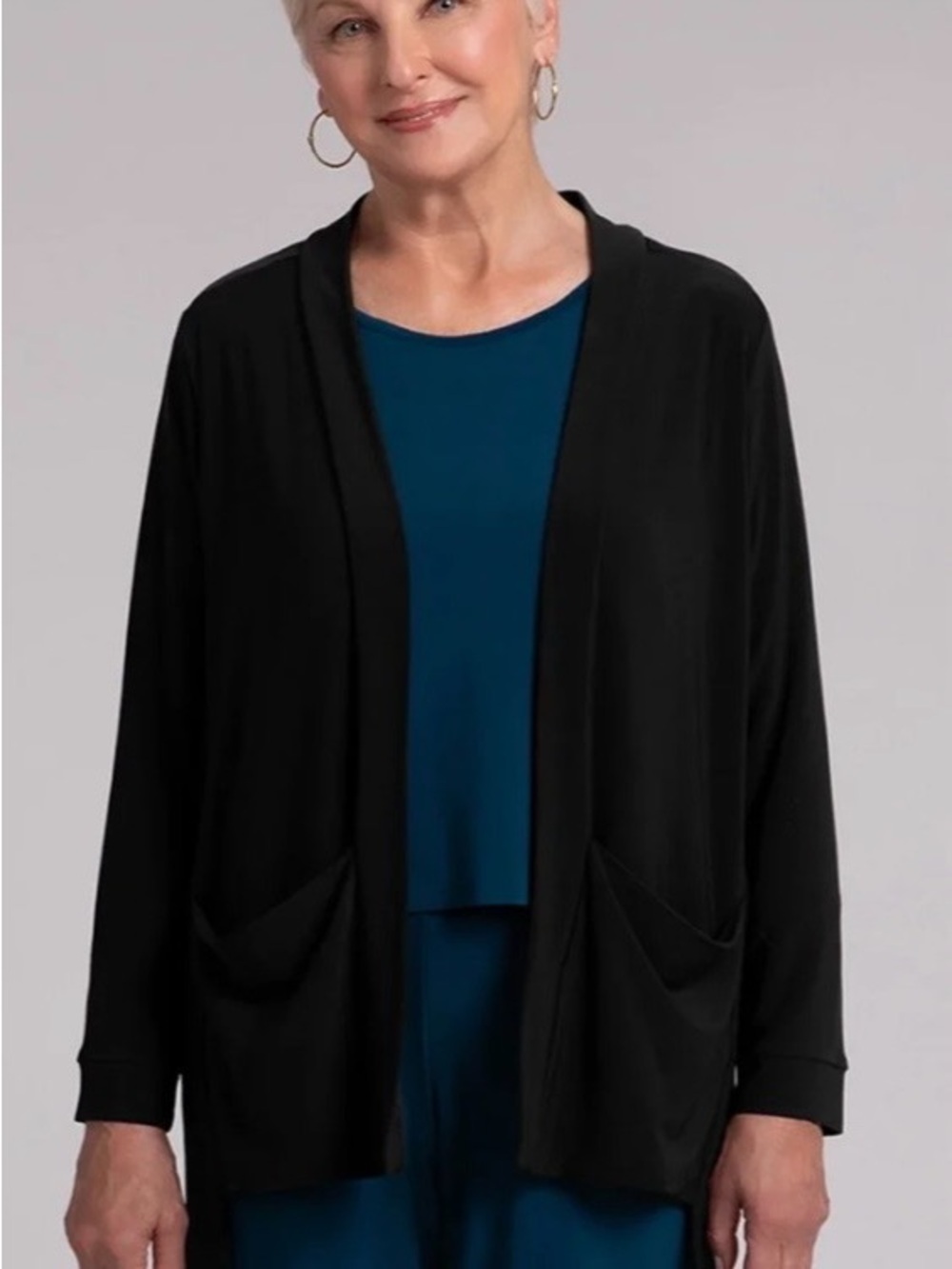 Sympli | Black Everyday Casual Cardigan Open Front Pockets Size 14 Stretchy